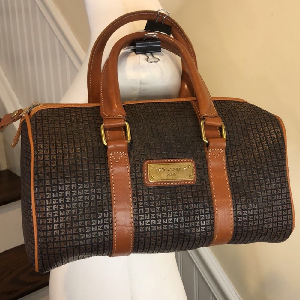 TED LAPIDUS Paris Brown Leather Logo Embossed Two Top Handle Boston Tote Bag